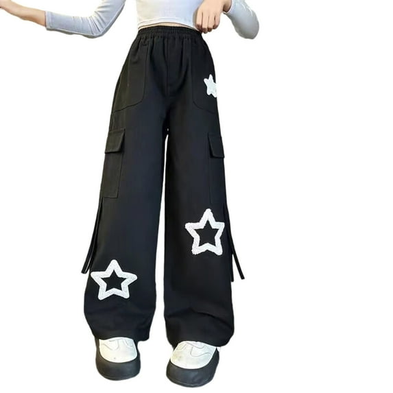 Kiijoy Toddler Girls Star Patch Cargo Pants Retro Baggy High Waist Trousers, Sizes 4-5