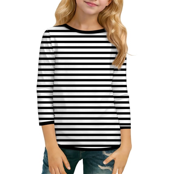 Kiijoy Toddler Girls Striped 3/4 Sleeve T-Shirt Kids Casual Unisex Soft T Shirt, Sizes 3-14