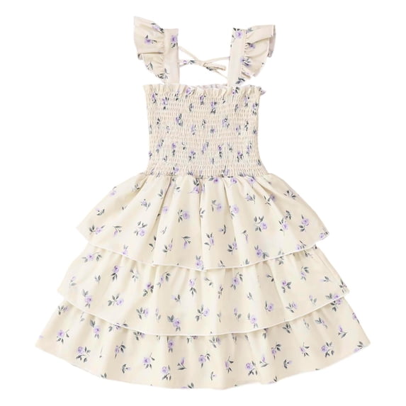 Kiijoy Toddler Girls Summer Floral Ruffle Layered Dress Casual Sleeveless Flowy Midi Dress