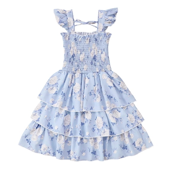 Kiijoy Toddler Girls Summer Floral Ruffle Layered Dress Casual Sleeveless Flowy Midi Dress