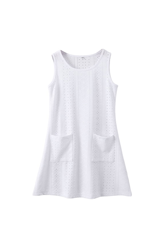 Toddler Girls Sundress Sleeveless Eyelet Tank Dress Solid Pocket Casual A-Line Dress
