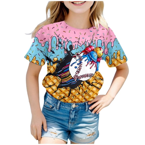Kiijoy Toddler Girls T Shirt Ice Cream Baseball Print Short Sleeve T-Shirt, Sizes 4-5