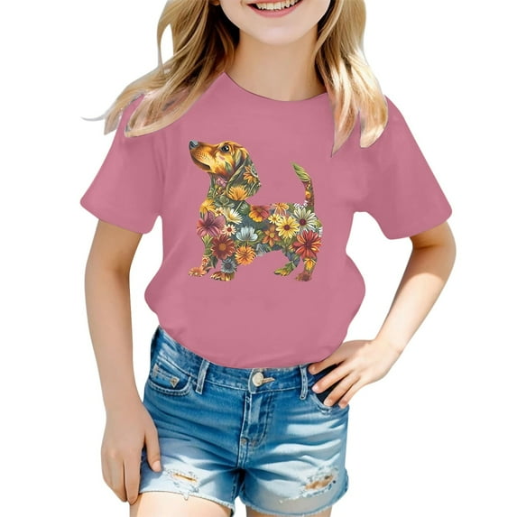 Kiijoy Toddler Girls Tee Shirt Floral Dog Print O-Neck Short Sleeved T Shirt, Sizes 1-2