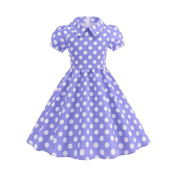 Kiijoy Toddler Girls Vintage Polka Dot Dress Short Puff Sleeve Midi Skater Dress, Purple