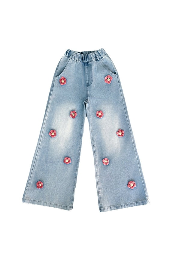 Toddler Girls Wide Leg Pull On Jeans Flower Loose Straight-Leg Demin Pants, Sizes 4-5