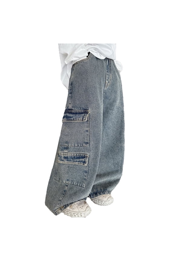 Tween Boys Loose Pull On Cargo Jeans Casual Straight Leg Denim Pants, Sizes 11-12