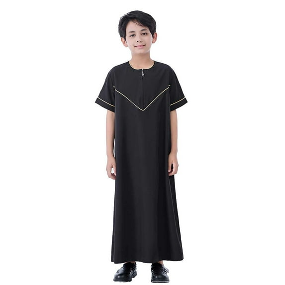 Kiijoy Tween Boys Short Sleeve Thobe Robe Loose Zipper Crew Neck Kufi Robe, Sizes 11-12