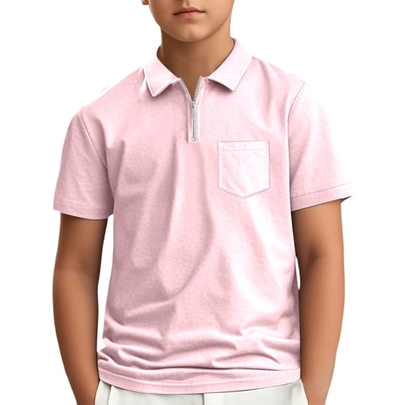 Kiijoy Tween Boys Solid Zipper Polo Shirt Short Sleeve Versatile T-Shirt, Sizes 11-12