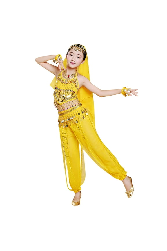 Tween Girls Belly Dance Clothes Set Sequins Camisole Mesh Pants Outfits, Sizes 11-12