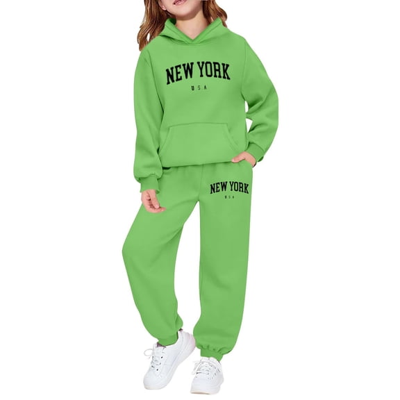 Kiijoy Tween Girls Outfits New York Print Hoodie Sweatpants Sweatsuit, Sizes 11-12
