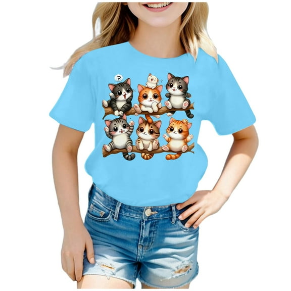 Kiijoy Tween Girls Graphic Tee Cartoon Cat Print Short Sleeve T-Shirt for Kids, Sizes 12-14