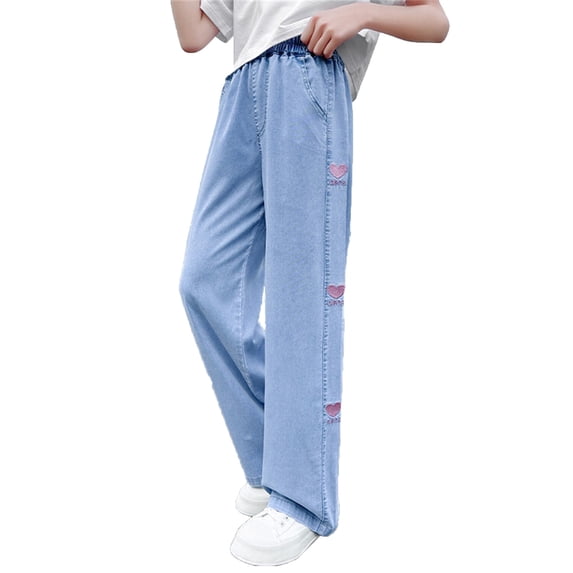 Kiijoy Tween Girls Jeans Hearts Embroidery Stretch Comfortable Denim Pants, Sizes 12-13