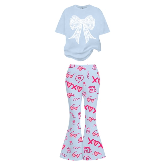 Kiijoy Tween Girls Outfits Bow Print Short Sleeve T-Shirt Flared Pants Set, Sizes 12-13