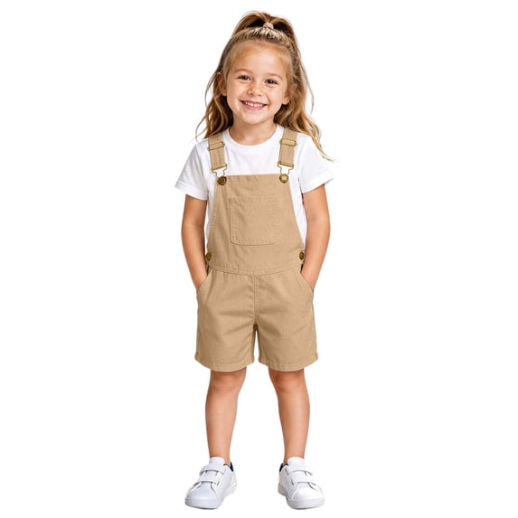 Kiijoy Unisex Casual Short Overalls with Adjustable Straps Summer Romper, Khaki, Sizes 4-13