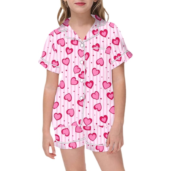 Kiijoy Valentine's Day Girls Pajamas Short Sleeve Button Shirt Shorts Sleepwear, Sizes 4-5T
