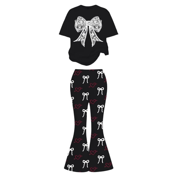 Kiijoy Valentine's Day Outfits for Girls Short Sleeve Bow T-Shirt Flared Pants Set, Sizes 9-10