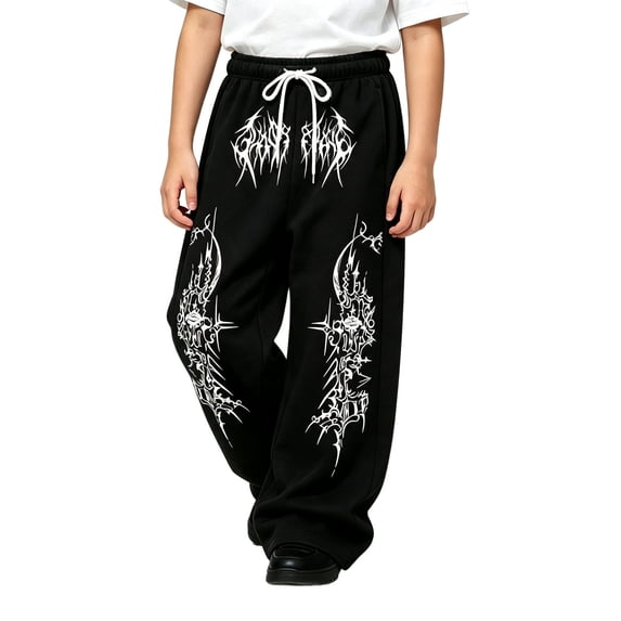 Kiijoy Wide Leg Sweatpants for Boys Gothic Drawstring Sports Pants, Black, Sizes 4-15