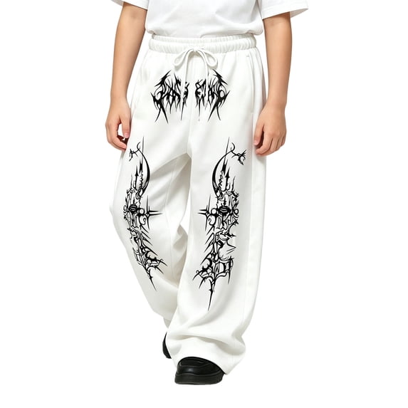 Kiijoy Wide Leg Sweatpants for Boys Gothic Drawstring Sports Pants, White, Sizes 4-15