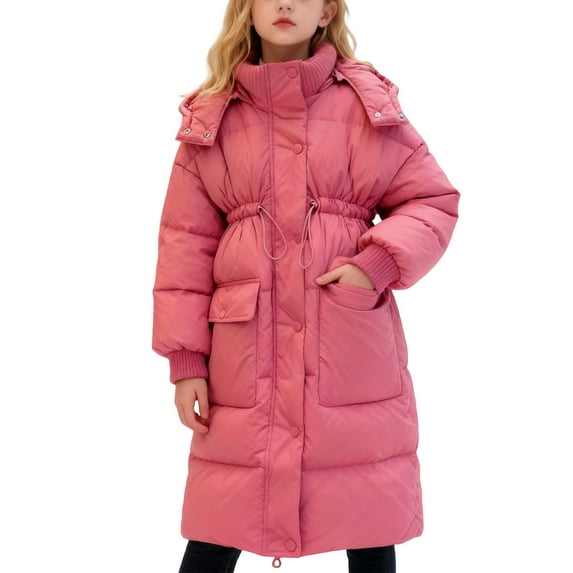 Kiijoy Winter Girls Long Coat Knee Length Down Jacket Hooded Puffer Outerwear, Sizes 9-10