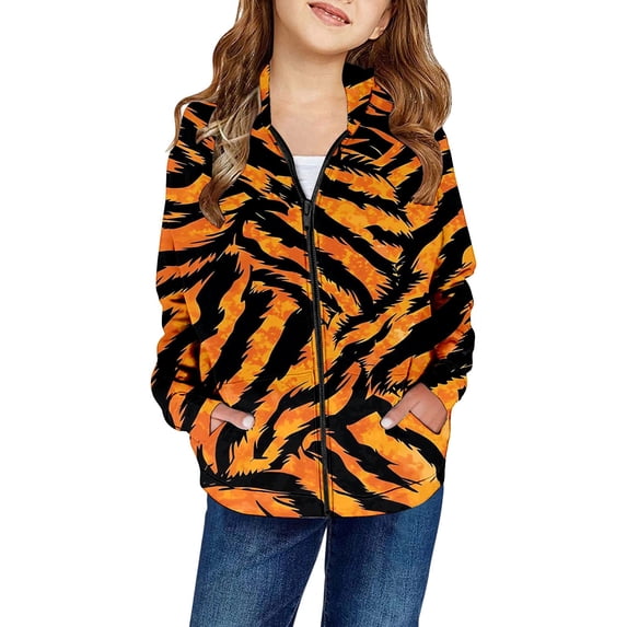 Kiijoy Zip Up Hoodie for Girls Tiger Pattern Long Sleeve Sweatshirt, Orange, Sizes 8-9Y