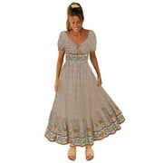 Kiittyyyy Khaki Skirt Women Casual V Neck Chiffon Floral Print Dress Summer Long Sleeve Midi Dress Blue Dresses