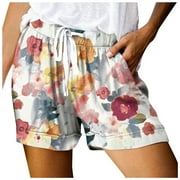 Kiittyyyy Womens Casual Shorts with Pockets - Plus Womens Shorts Clearance under $10, Elastic Waist Soft Trendy Plus Size Womens Beach Shorts with Flower Pattern