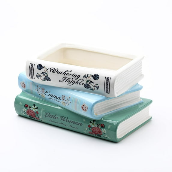 Kiiwaa Book-Shaped Decorative Planter, Ceramic Vase for Flowers, Unique Ceramic Planter for Home Decor, Classic Titles Bookstack, Colorful Cute Bookshelf Accent Bookish Gifts C95