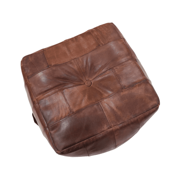 Kika Home Collections (Made in India) Handcrafted Buffalo Leather Square Pouf 18” x 18” x 18” | Brown | Recycled Foam & Fiber Fill