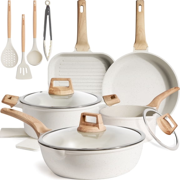 Kikcoin 16Pcs Ceramic Pots and Pans Set Non Stick, Includes a 9.5" Grill Pan, Induction Kitchen Cookware Sets, White Nonstick RV Kitchen Camping Cooking Sets Stackable