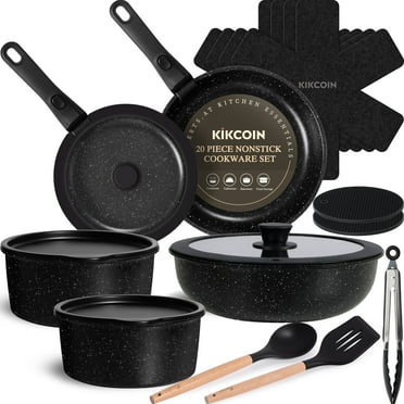 Kikcoin 19-Piece Nonstick Pots and Pans Set, Non-Toxic Coating Cookware Set with Removable Handles, Induction/Oven Safe(Black)