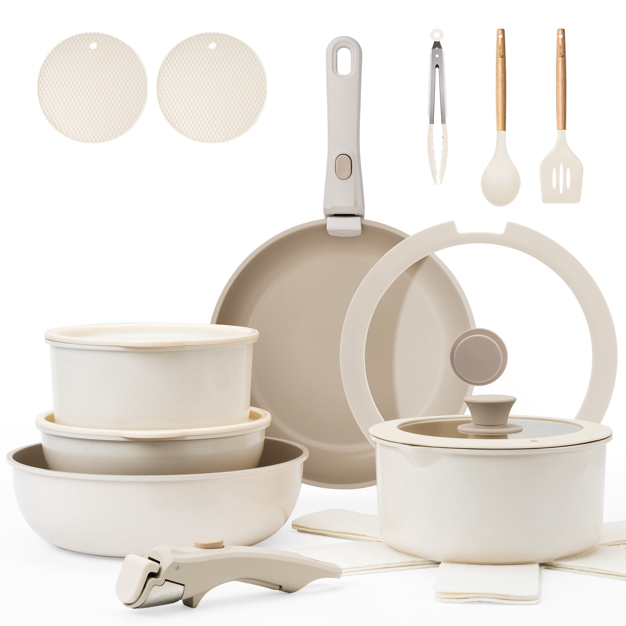 Kikcoin 19 Pcs Non-Stick Pots and Pans Set, Non-Toxic Coating Cookware Set with Removable Handles, Induction/Oven Safe to Use(Beige)
