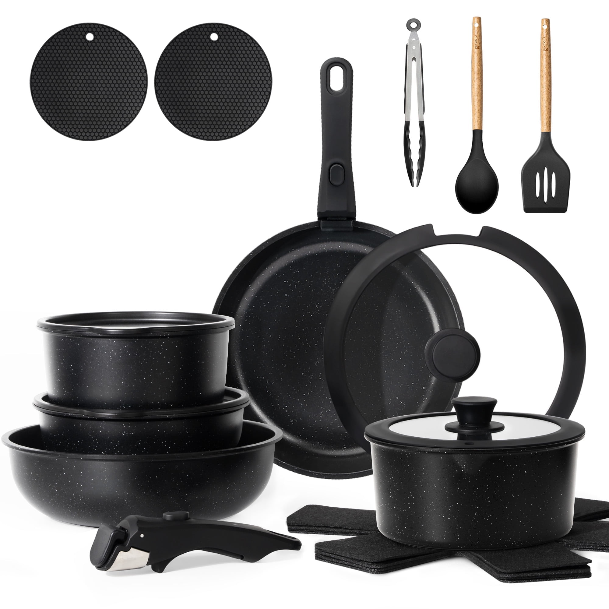 Kikcoin 19-Piece Nonstick Pots and Pans Set, Non-Toxic Coating Cookware Set with Removable Handles, Induction/Oven Safe(Black)