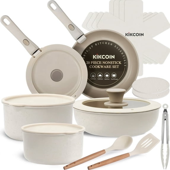 Kikcoin 19 Pcs Non-Stick Pots and Pans Set, Non-Toxic Coating Cookware Set with Removable Handles, Induction/Oven Safe to Use(Beige)