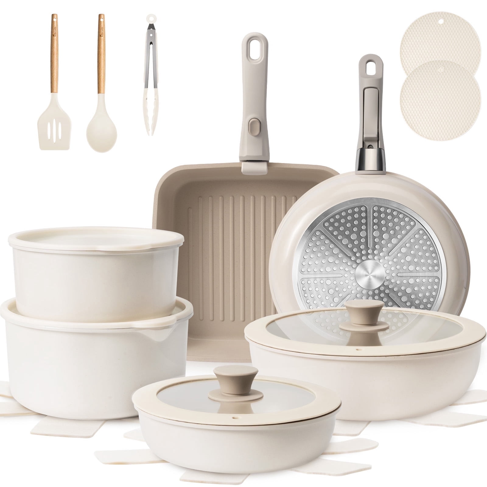 Kikcoin 21 pieces Pots and Pans, Nonstick Cookware Set with Detachable Handles, Dishwasher-Safe Pot and Pan Set(Beige)