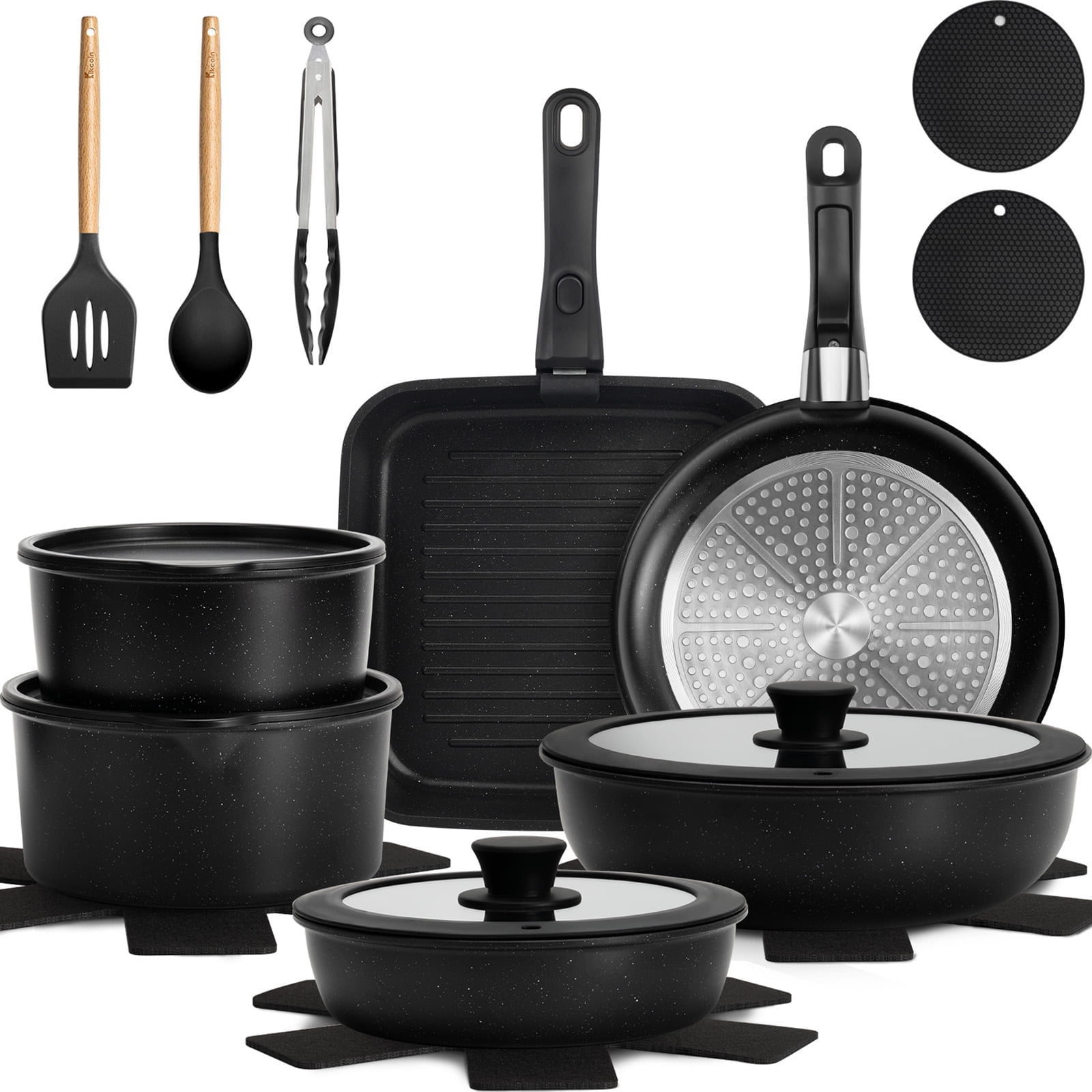 Kikcoin 21 pieces Pots and Pans Set Non-toxic, 6 Nonstick pots Cookware Set with Detachable Handles, Dishwasher Safe(Black)