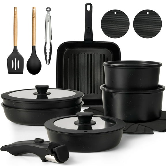 Kikcoin 21 pieces Pots and Pans Set Non-toxic, 6 Nonstick pots Cookware Set with Detachable Handles, Dishwasher Safe(Black)