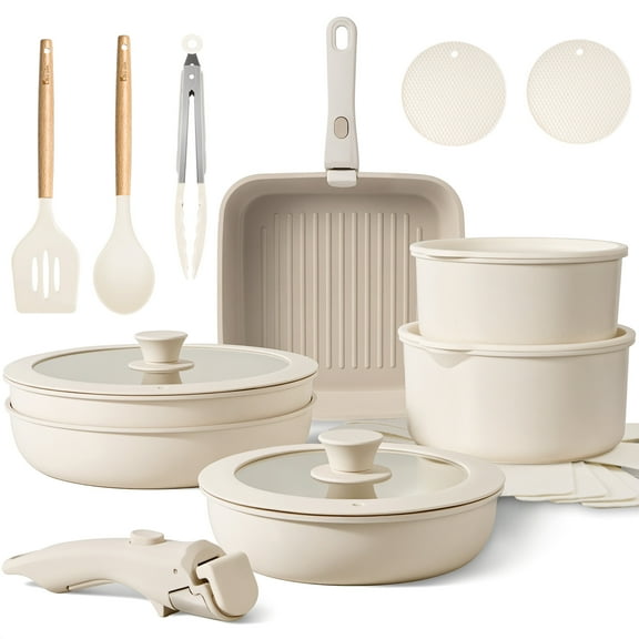 Kikcoin 21 pieces Pots and Pans, Nonstick Cookware Set with Detachable Handles, Dishwasher-Safe Pot and Pan Set(Beige)