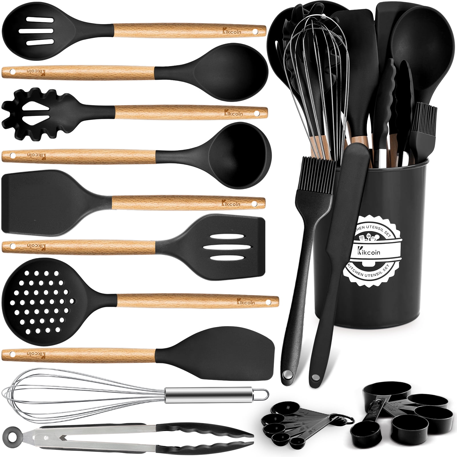 Kikcoin Cooking Utensil Set 23 Pcs, Wooden Handle Silicone Kitchen Utensils Set with Holder, Heat Resistant for Nonstick Pots and Pans