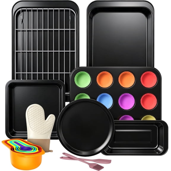TINANA 28-Piece Nonstick Bakeware Set, Carbon Steel Baking Pans, Muffin Pan, Pizza Pan, Cookie Sheet, Rack, Silicone Cups & Oven Mitt