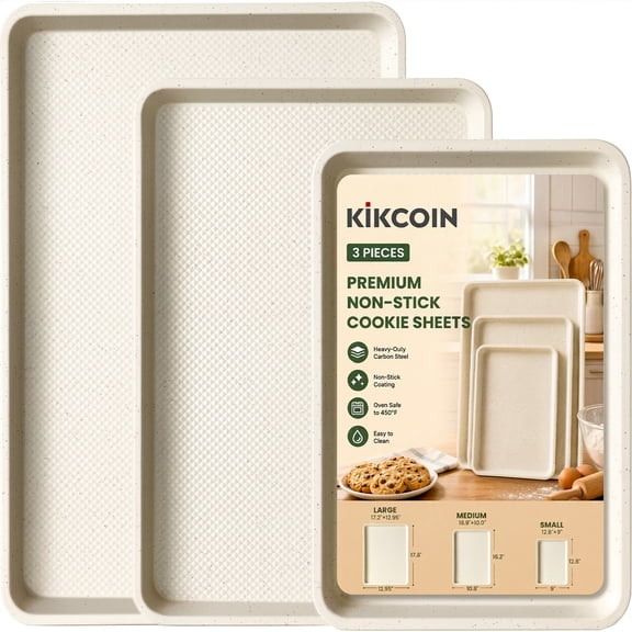 Kikcoin 3-Piece Nonstick Baking Sheets, Carbon Steel Cookie Sheet Set with Diamond Texture, Heavy Duty Baking Pans for Oven, Beige
