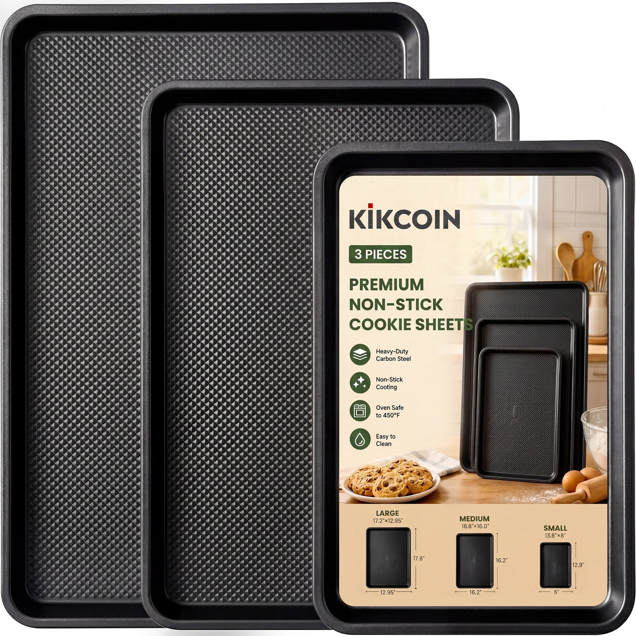 Kikcoin 3-Piece Nonstick Baking Sheets, Carbon Steel Cookie Sheet Set with Diamond Texture, Heavy Duty Baking Pans for Oven, Black