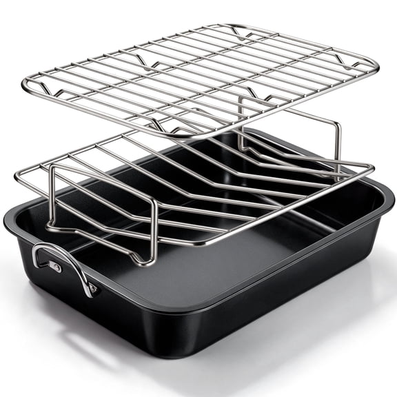 Kikcoin 3-Piece Turkey Roasting Pan Set with Racks, 15.75"x12" Nonstick Heavy Duty Baking Pan for Oven, Turkey Roaster with Handles, Black