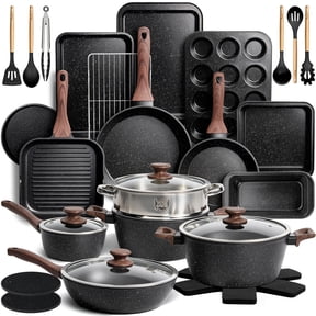 Kikcoin 34-Piece Pots and Pans Set, Dishwasher-Safe Non Stick Pots and Pans with Utensils, Premium Bakeware and Cookware Set for Kitchen, Black