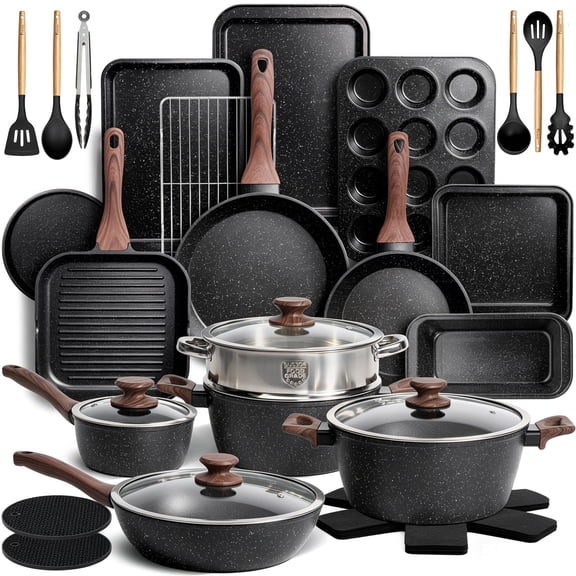 Kikcoin 34-Piece Pots and Pans Set, Dishwasher-Safe Non Stick Pots and Pans with Utensils, Premium Bakeware and Cookware Set for Kitchen, Black