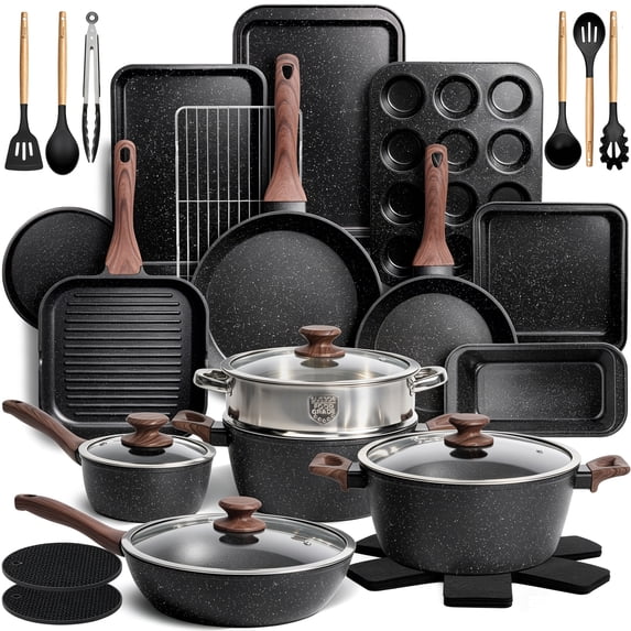 Kikcoin 34-Piece Pots and Pans Set, Dishwasher-Safe Non Stick Pots and Pans with Utensils, Premium Bakeware and Cookware Set for Kitchen, Black