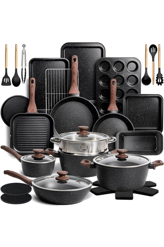 34-Piece Pots and Pans Set, Dishwasher-Safe Non Stick Pots and Pans with Utensils, Premium Bakeware and Cookware Set for Kitchen, Black