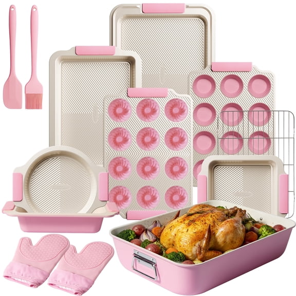Kikcoin 37-piece Bakeware Set, Non-stick Baking Pans Set with Silicone Handles, 446°F Oven Safe Stackable Baking Sheets for Kitchen, Cookie Sheets with textured surface, Pink