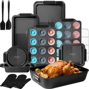 Kikcoin 37-piece Bakeware Set, Non-stick Baking Pans Set with Silicone Handles, 446°F Oven Safe Stackable Baking Sheets for Kitchen, Cookie Sheets with textured surface, Black