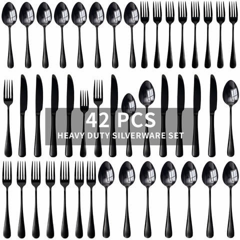 Kikcoin 42 Pcs Silverware Set for 8, Stainless Steel Flatware Set, Mirror-Polished Spoons, Forks and Knife Set, Cutlery Utensils Set for Kitchen, Wedding and Restaurant, Black