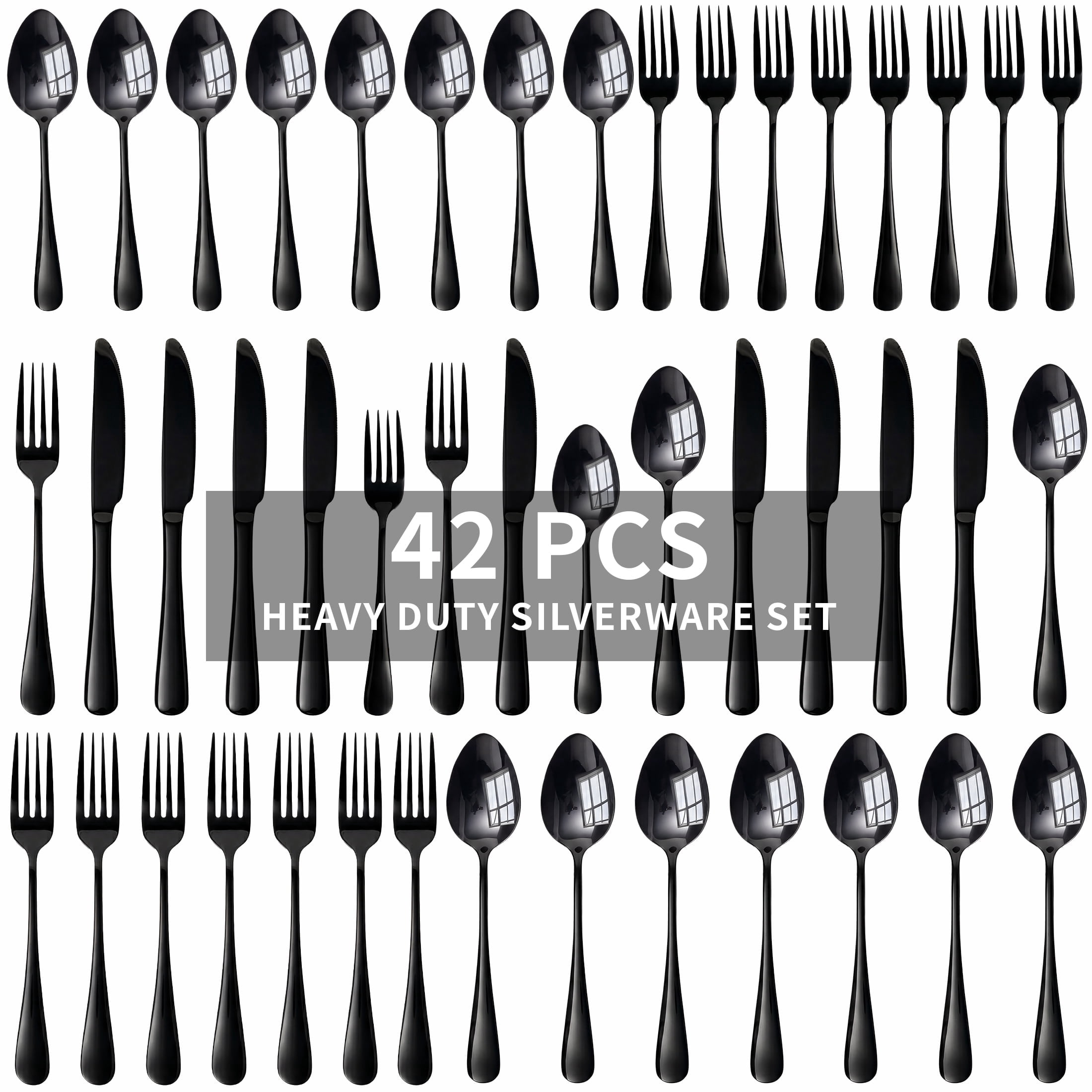 Kikcoin 42 Pcs Silverware Set for 8, Stainless Steel Flatware Set, Mirror-Polished Spoons, Forks and Knife Set, Cutlery Utensils Set for Kitchen, Wedding and Restaurant, Black